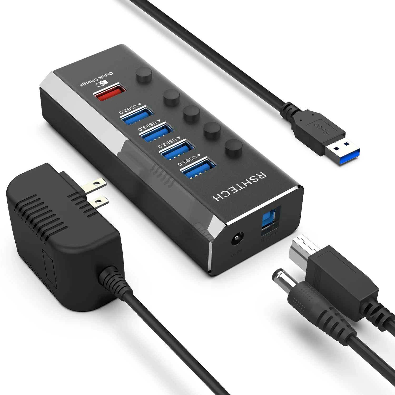 RSHTECH 5 in 1 3.0 USB Hub QC 3.0 Quick Charge 12/2A Power Adapter USB Hubs for PC computer accessories