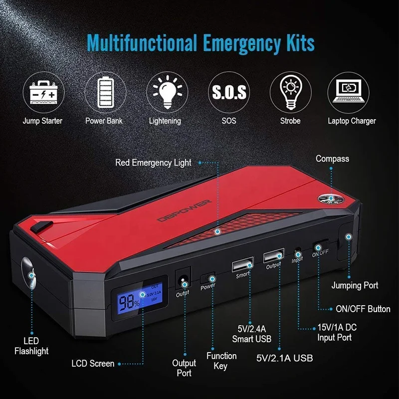 DBPOWER 800A Peak 18000Mah Flashlight Multifunction Portable Car Power Bank Jump Starter 12V