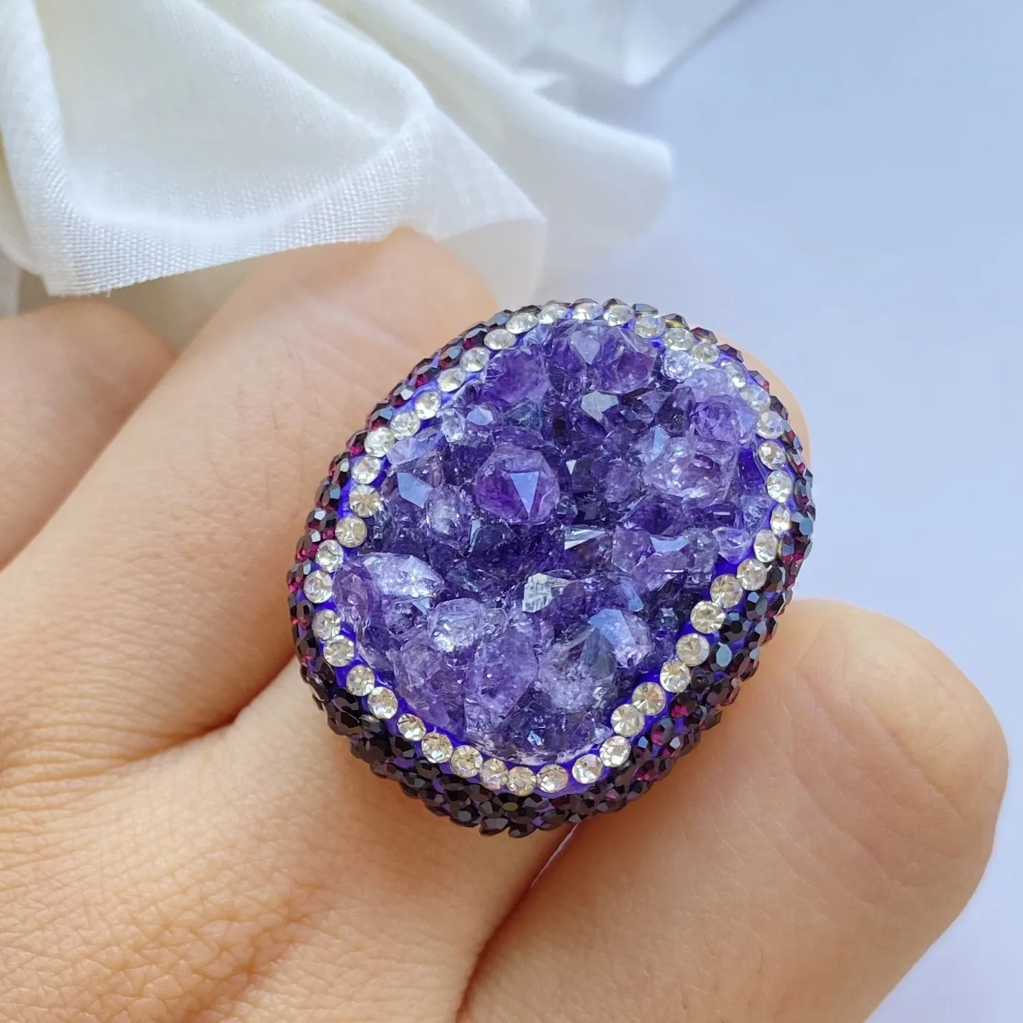 Chunky Natural Druzy Gemstone Gold Plated Crystal Amethyst Rings Adjustable