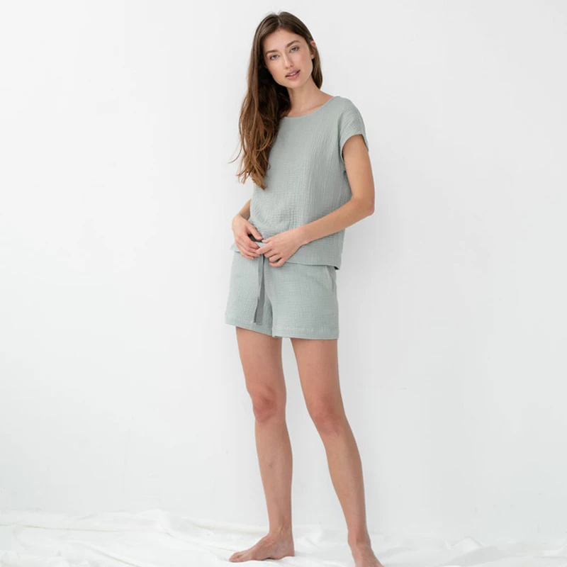 Short Sleeve Summer Mint Muslin Pajamas, Cotton Pajama Set Women