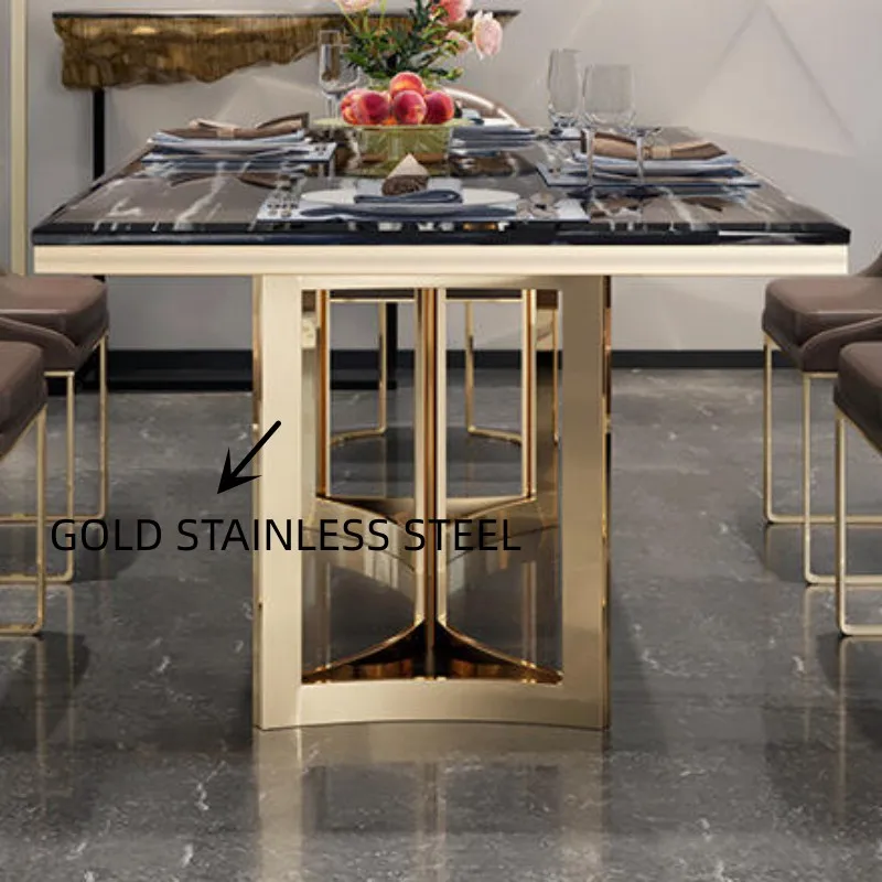 Modern Luxury Golden Stainless Steel Dining Table with Marble Top Sintered Stone for Room Furniture Set