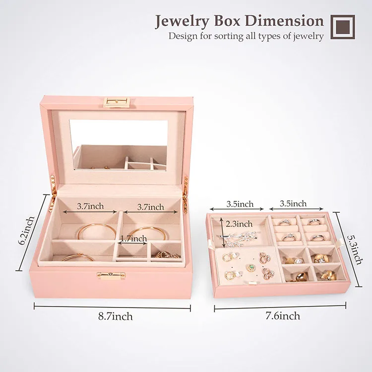 Jewelry Box for Womens Teen Girls,Large Jewelry Organizer Storage Case with Mirror  and 2 Layers Removable Tray,Leather Jeweller