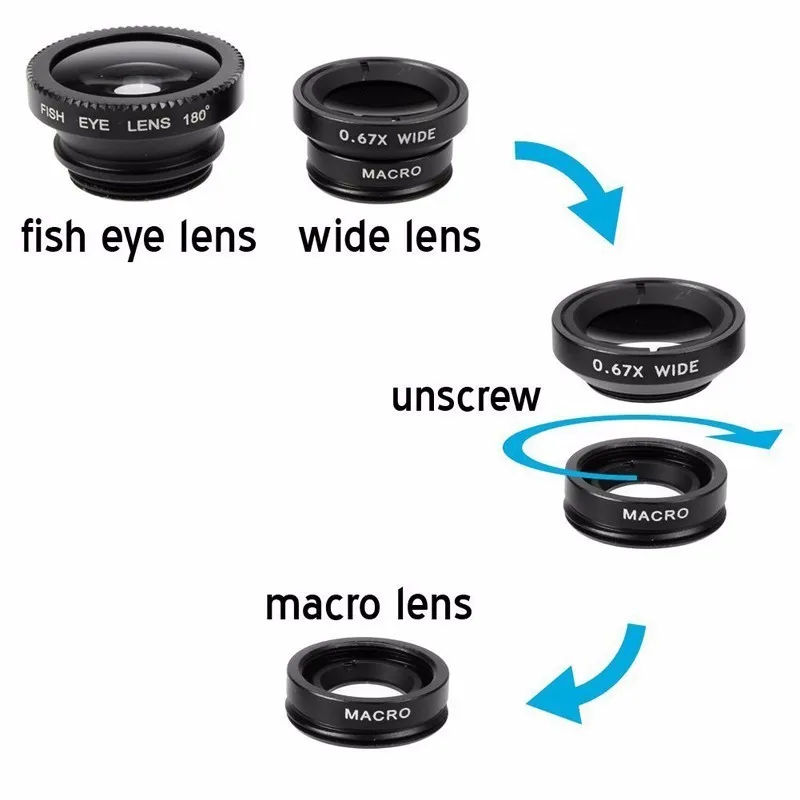 Hot Selling 3 in 1 Wide Angle Macro Fisheye Lens Camera Kits Mobile Phone Fisheye Lenses with Clip 0.67x for All Phone
