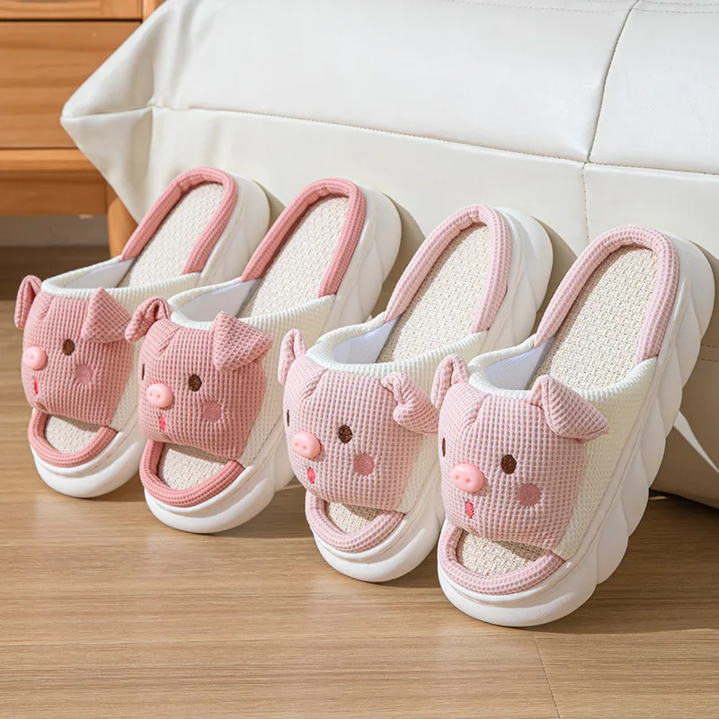 Wholesale Women Quiet Indoor Cool Flax Comfy Slides Fashion Home Summer Cute Small Pig Animal Linen Shoe Slippers