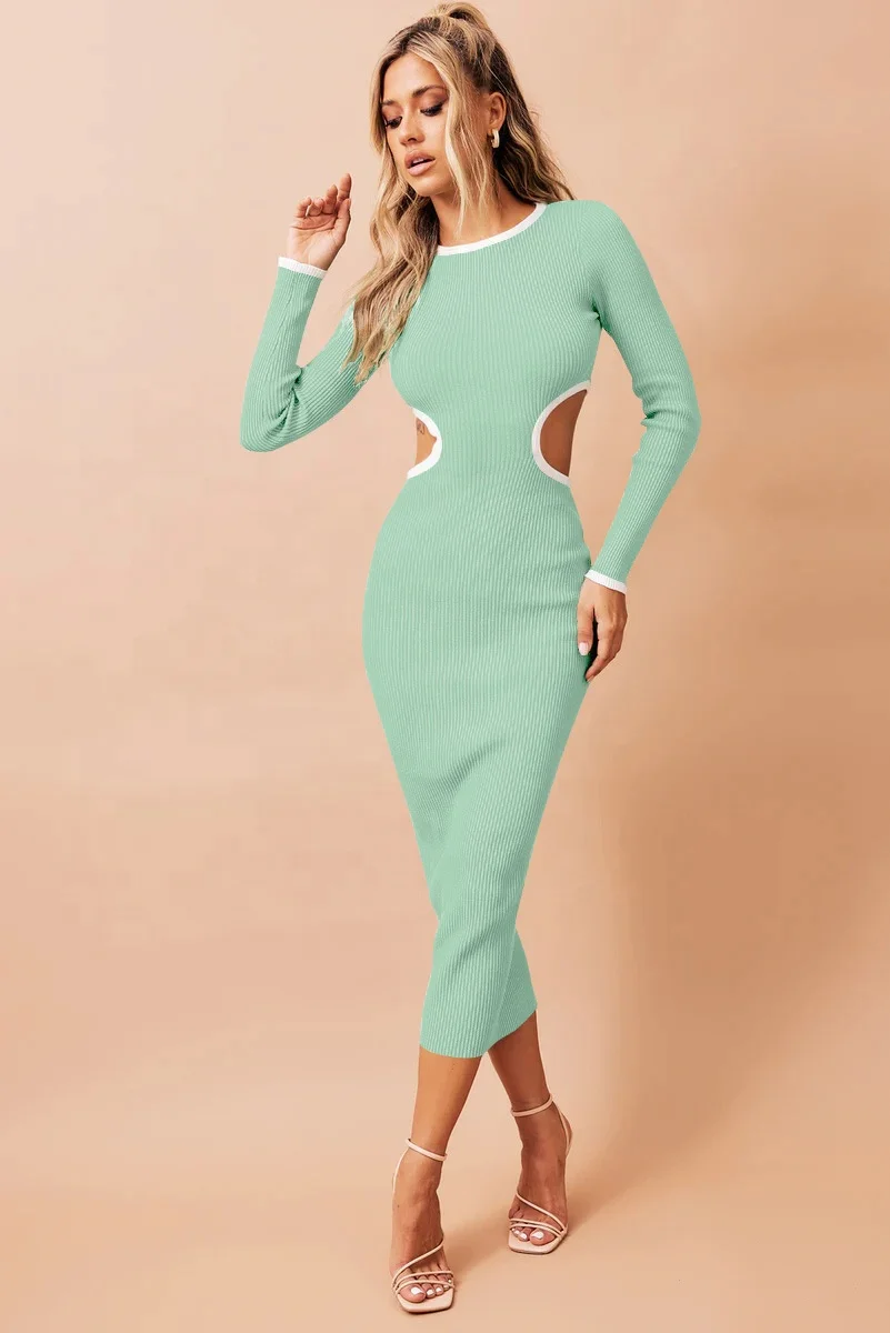 2023 new arrival Hip Wrap Rib Sexy Featured Backless Dress Knit wear Body con solid long sleeve winter dress