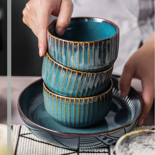 Wholesale Kiln Turned Glaze Blue Creative Personality Nordic Relief Sculpture Coated Metal Round Unique Ceramic Salad Bowl
