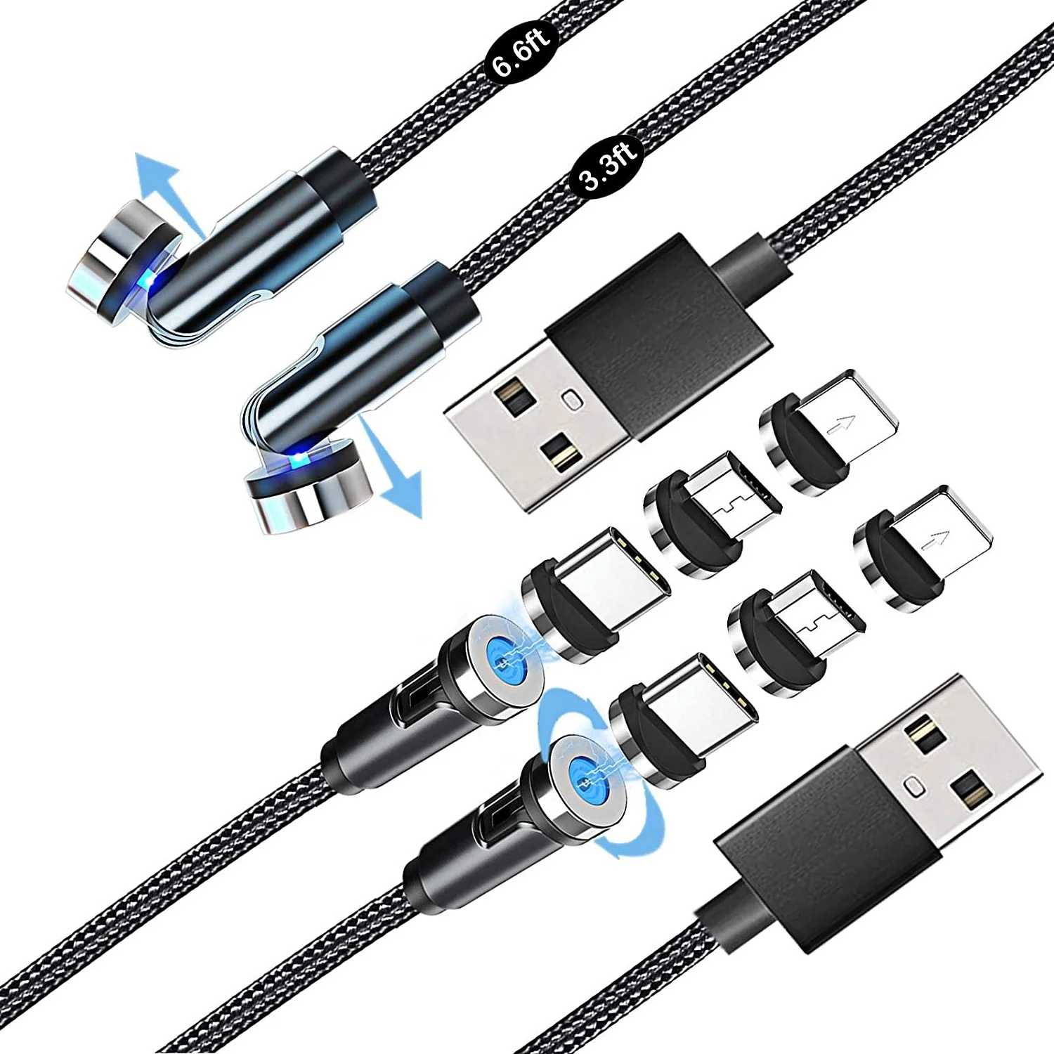 2 Packs 3.3FT 6.6FT 540 Rotation Powerful Magnetic Charging Cable Nylon Braided Type c Micro usb Lightnging Charging Cable