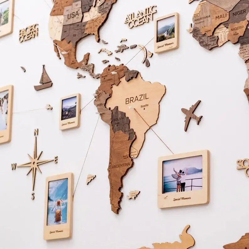 Chunlei OEM mapa del mundo New Style 3D Wood World Map With light Home decor