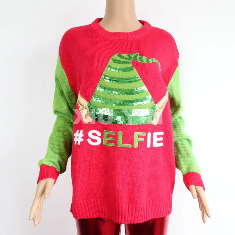 Red Ugly Christmas sweater with embroidered Elf hat and ear and winter thick knit sweater for Christmas gift
