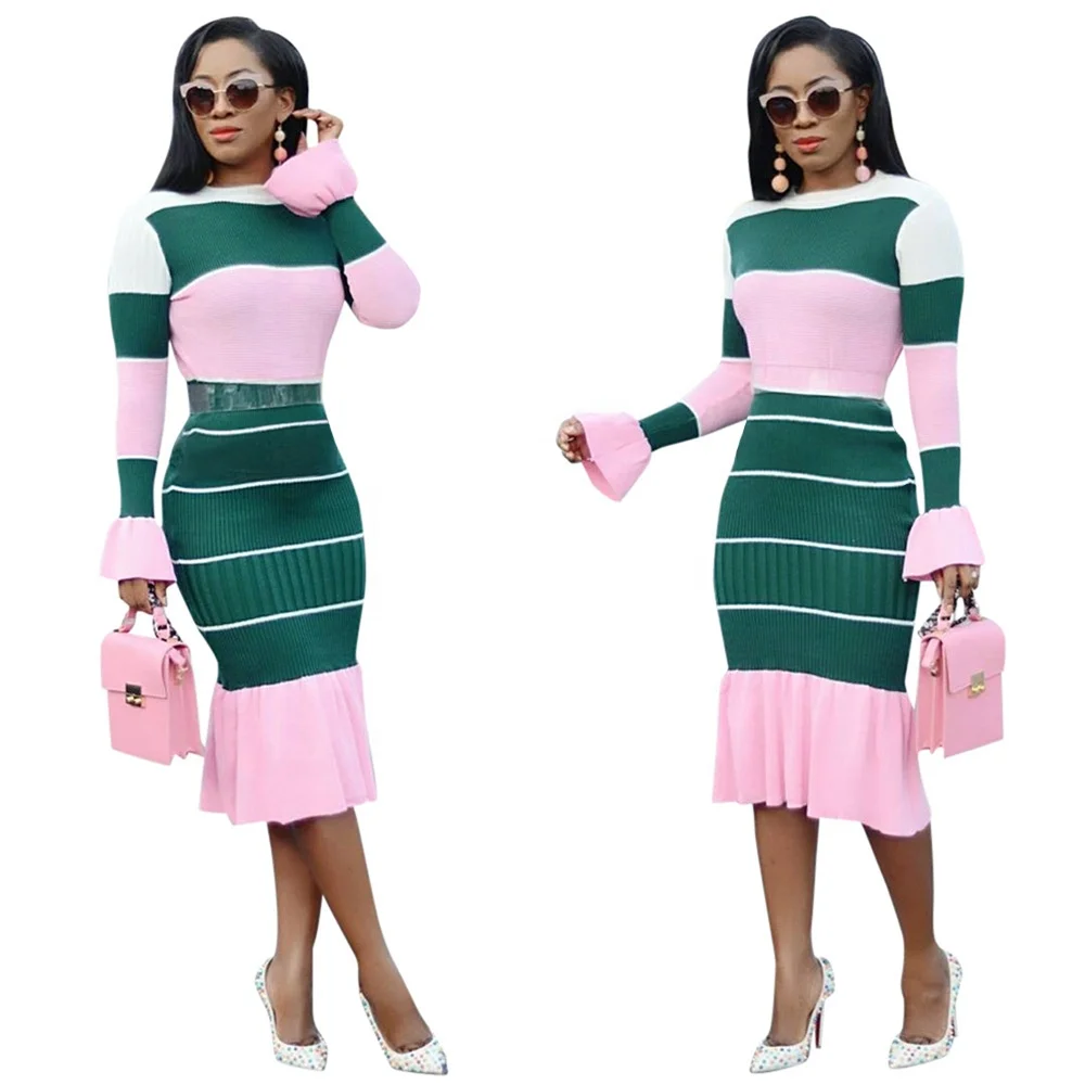 QC-B9119 2021 in stock women color contrast work office dresses women formal elegant