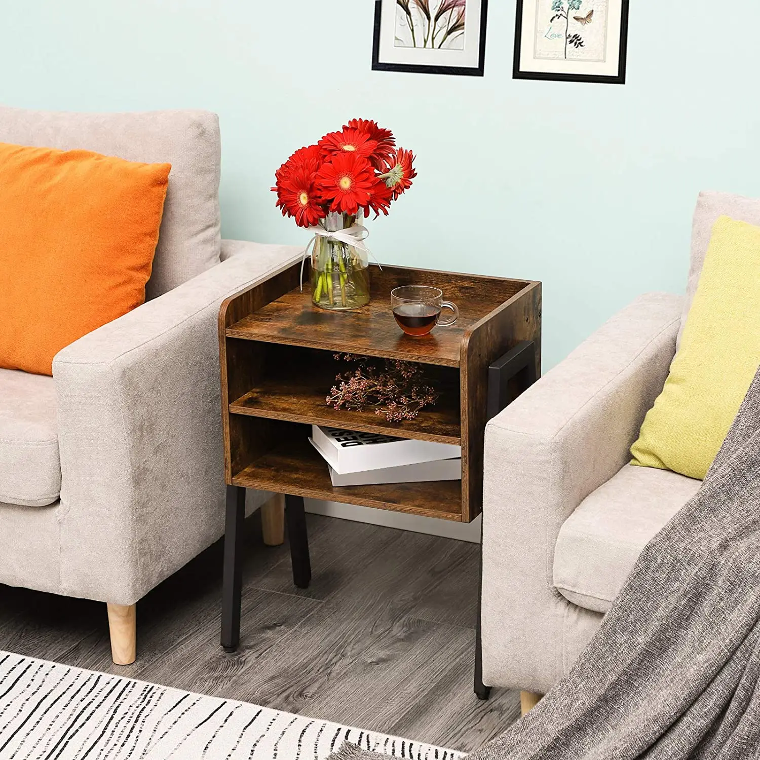 
End Table 23.6 Inch High Side Table for Small Spaces with 2 Open Front Storage Compartments Night Stand 