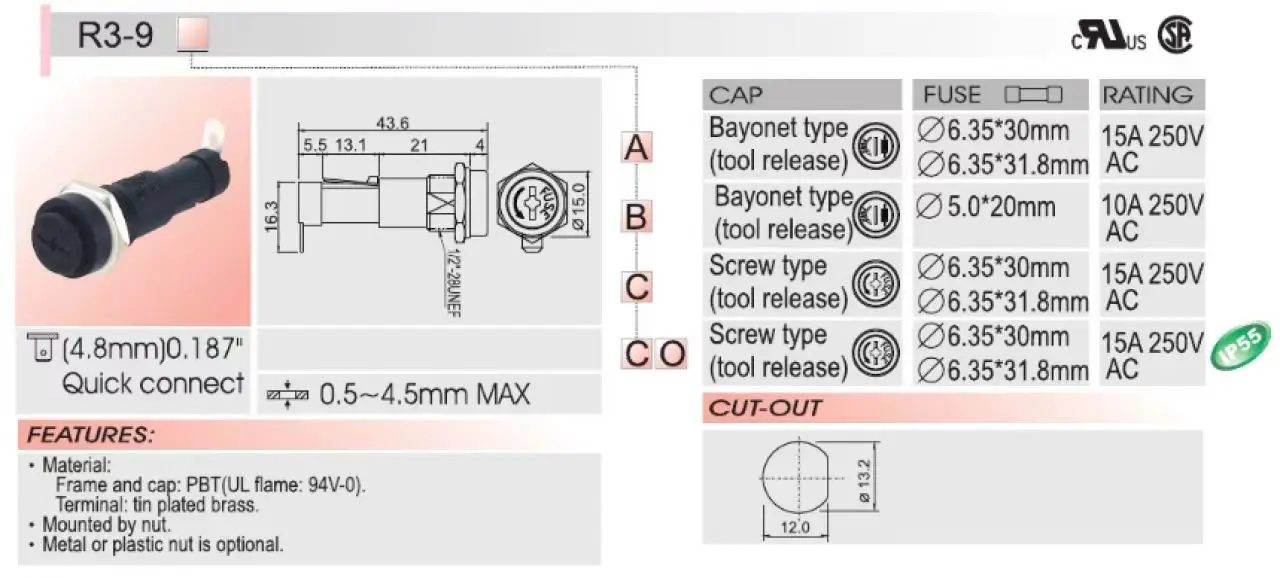 Top 4.8mm Quick Connect SCI Quality 6.35*31.8 Fuse Holder