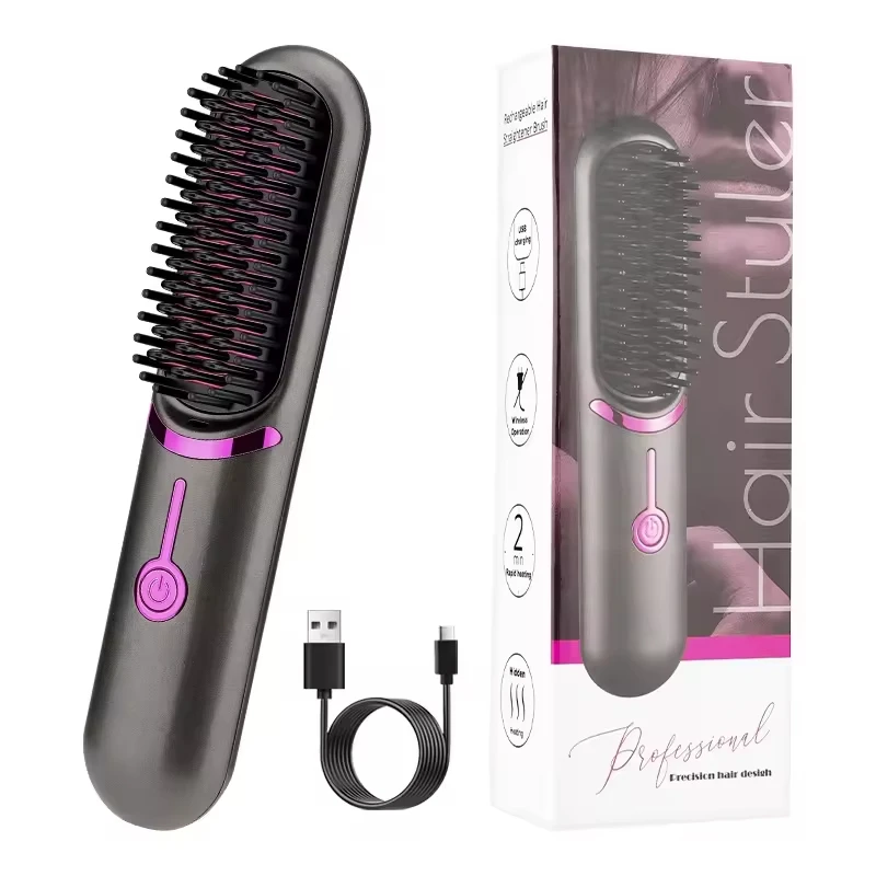 High Quality Heating Styling Beard Electric Hot Comb 2 IN 1 Portable USB Cordless Straight Hair Ion Ceramic Straightening Brush