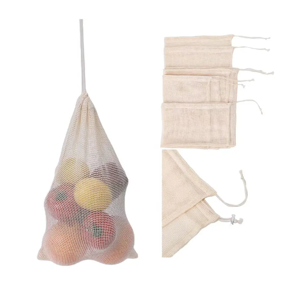 Factory Wholesale Eco-friendly Garlic Vegetables Fruits Organic Cotton Mesh Bag Drawstring Bags Gift Bags for Personalized Print