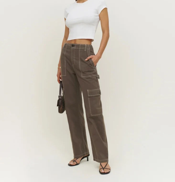 Wholesale Brown High Waist High Rise Utility Pants Denim Cargo Pants Cargo Jeans For Women