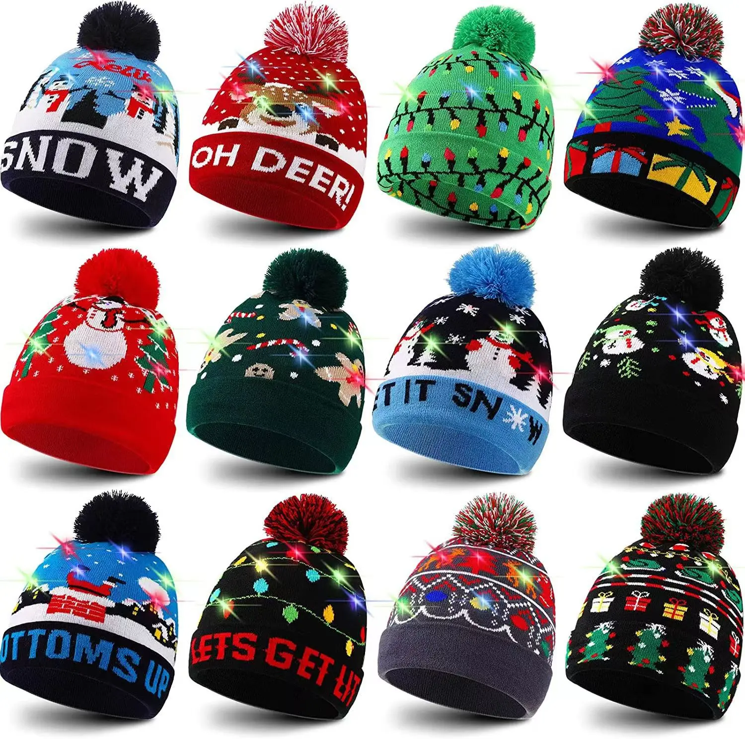 High Quality Winter Custom Christmas Caps Animal With Led Jacquard Beanie Kids Pom Pom Knitted Christmas Beanie Hat