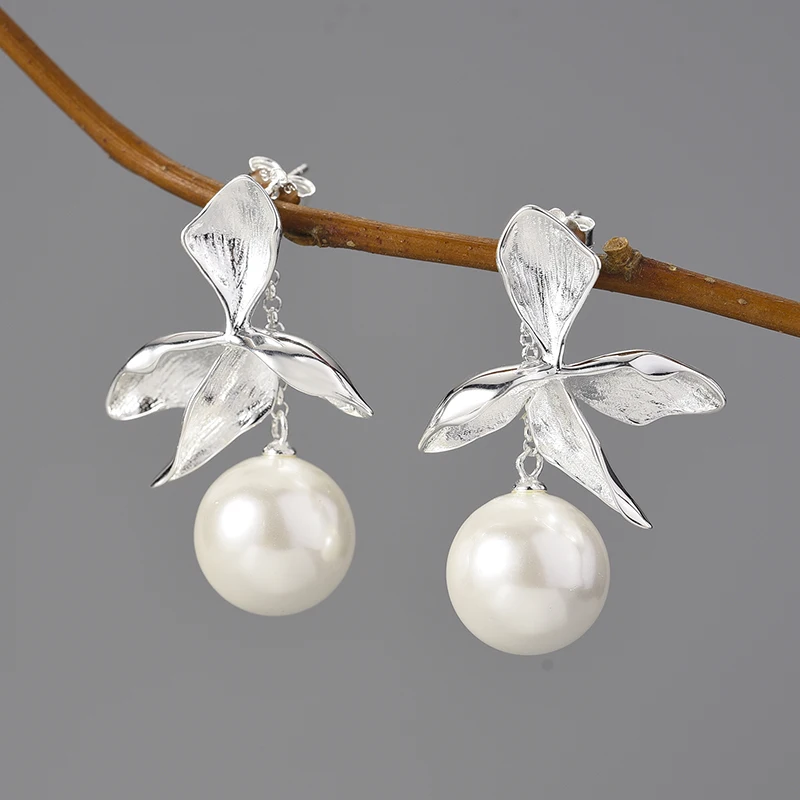 Lotus Fun Real 925 Sterling Silver Handmade Fine Jewelry Creative Four-leaf flower drop earring for Women
