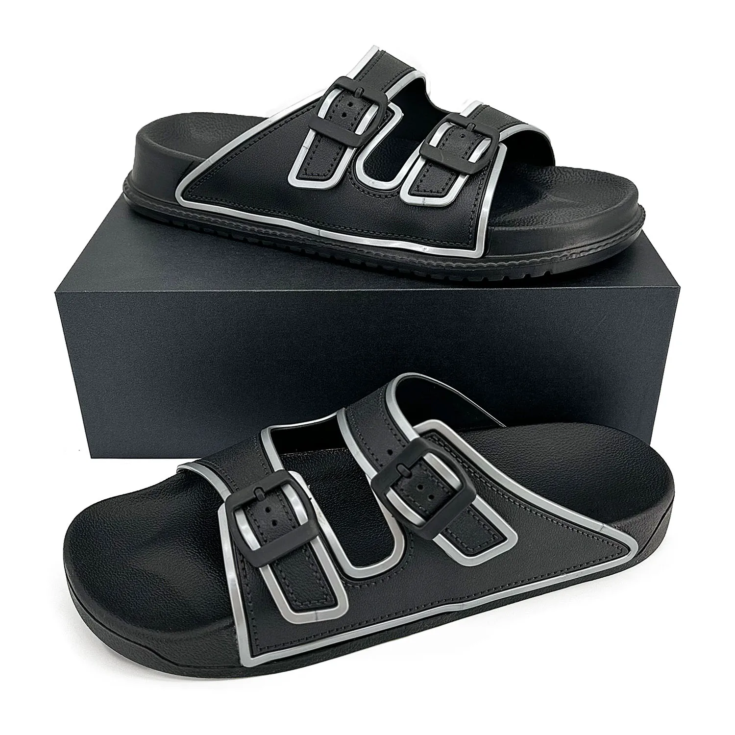 Wholesale Men Sliders Slippers Double-buckle Adjustable Strap Size Pillow 3D Rubber Mans Pantuflas Slides Slippers