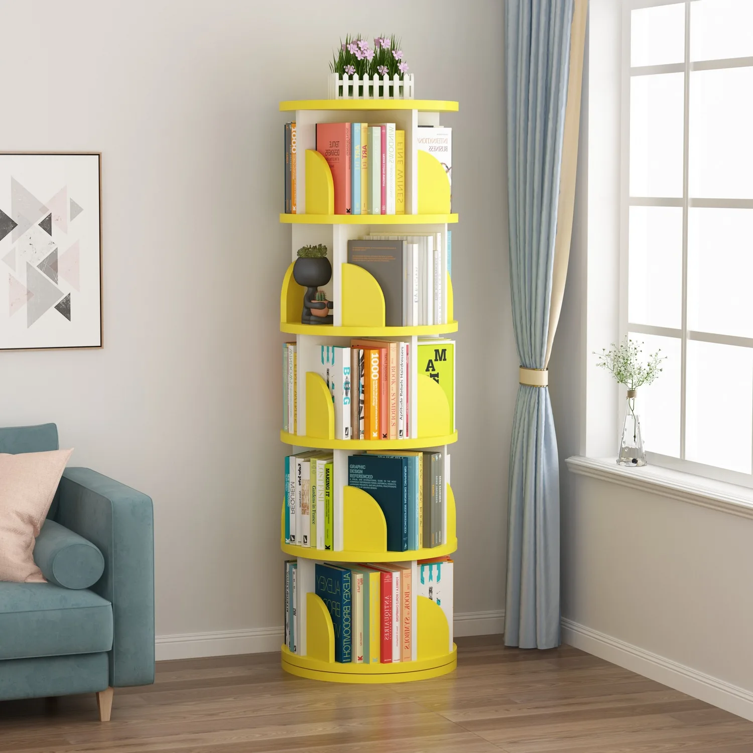 Modern Creative Rotating Bookshelf Wooden bookshelves Bookcase Library Magazine Storage Rack Solid Wood Bookshelf