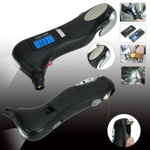 Multi-functional 4 in 1 TY005 Digital Tire Pressure Gauge With Flashlight Tyre Gauge Windows Breaker Cutter Belt Emergency Tool