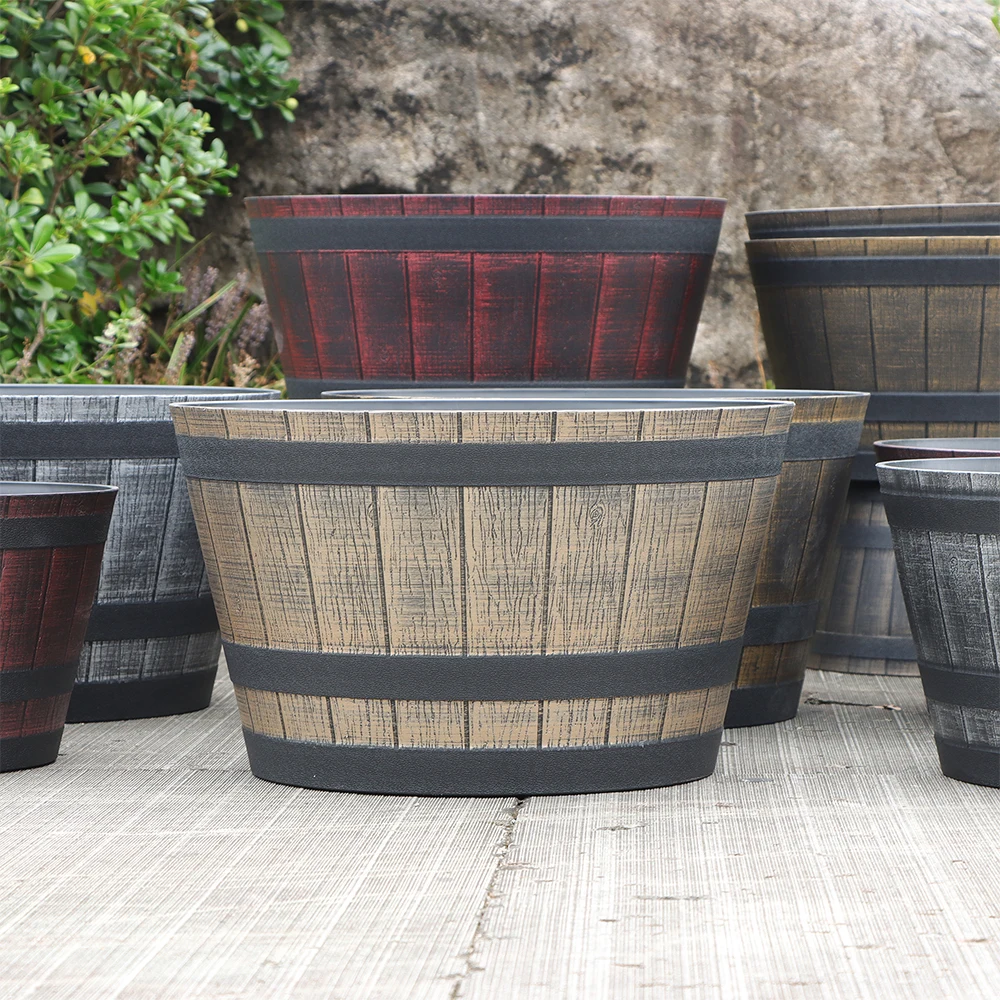 13/15/17/20 Inch Wine Barrel Design Flower Pots Whiskey Barrel Planters with Drainage Holes for Herbs & Cacti for Garden & Home