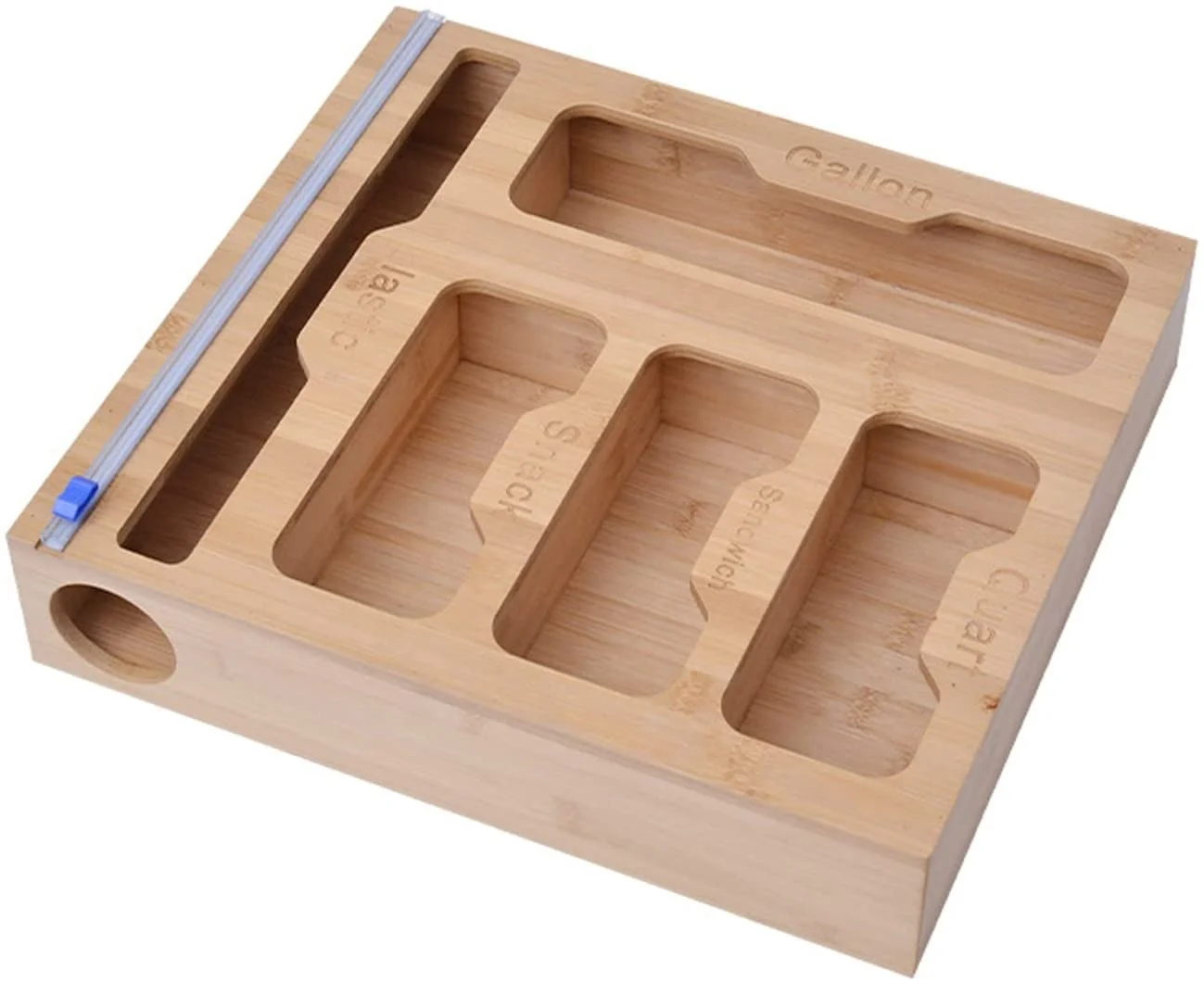 Wall Bamboo Food Ziplock Bag and Plastic Wrap Foil Storage Organizer and Dispenser for Kitchen Drawer