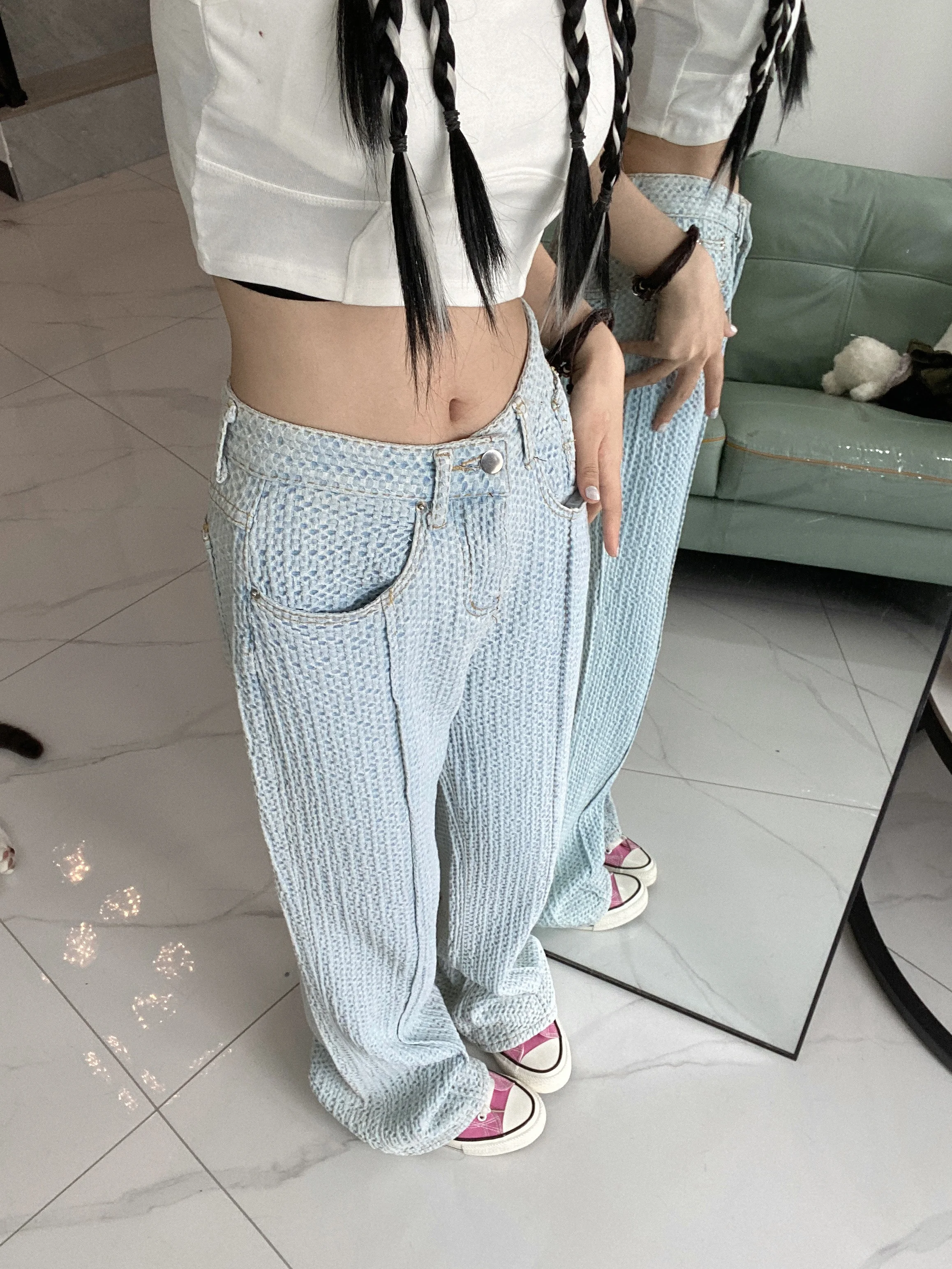 Wholesale of 2023 Spring Blue Straight Tube Loose Texture Jeans with High Waist Thin and Versatile Fashionable Wide Leg Jeans