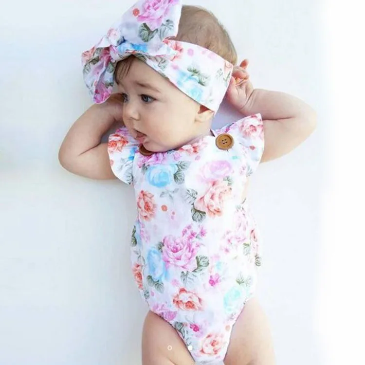 Cute Floral Romper 2pcs Baby Girls Clothes Jumpsuit Romper+Headband 0-24M Age Infant Toddler Newborn Outfits Set Hot Sale
