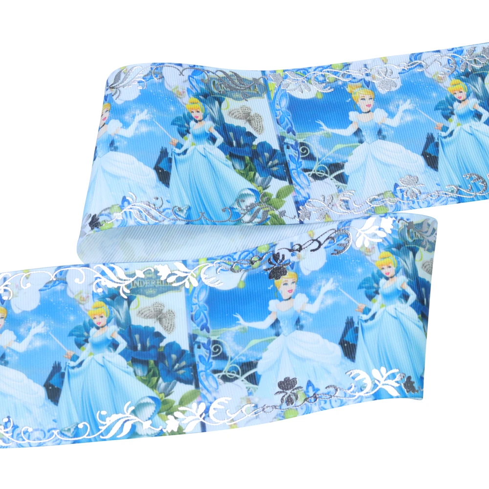 Princess Design Blue White Heat Transfer Hologram Printed Foiled Grosgrain Ribbon for Hair Bows