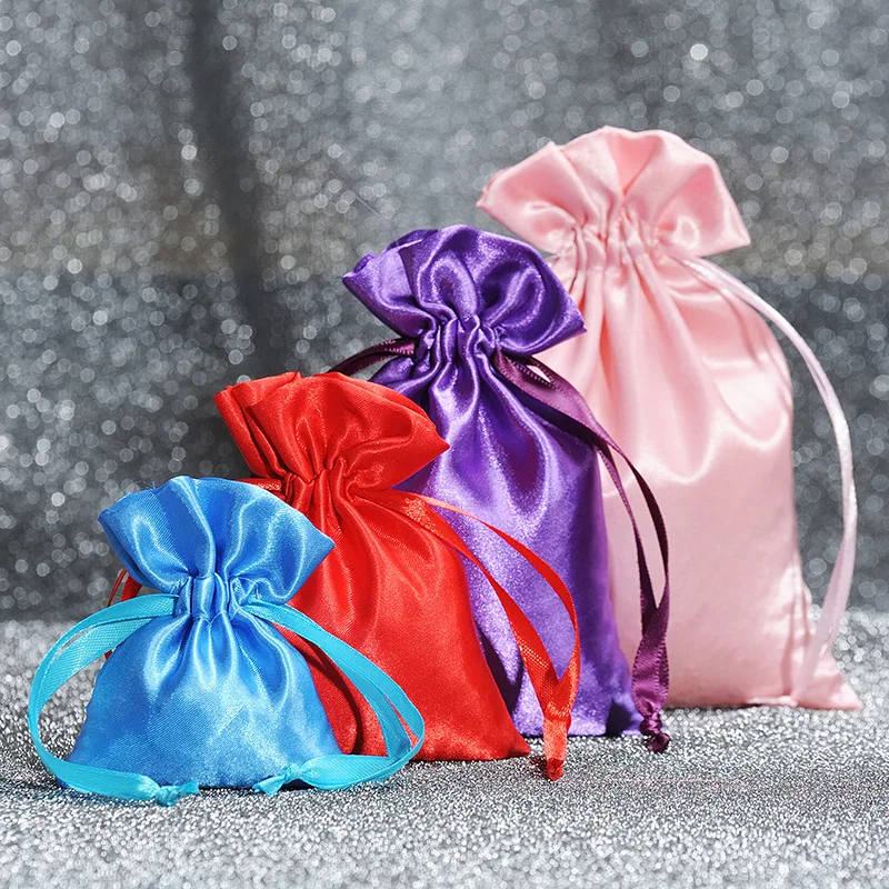 Custom Logo White Satin Drawstring Bag Wedding Favor Gift Jewelry Pouch
