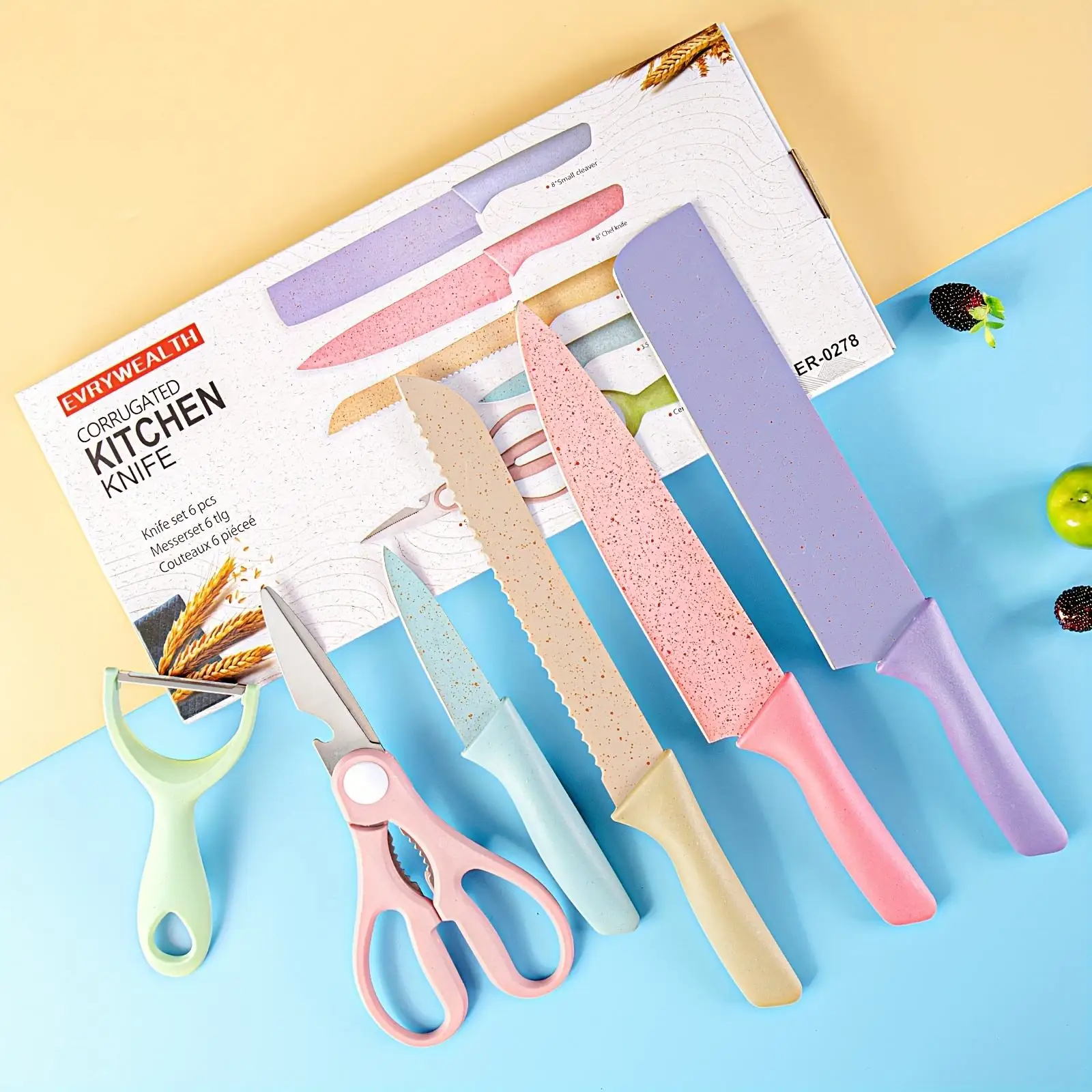 Wholesale Kitchen Accessories Cooking Sets Knives Set 6pcs Kit Wheat Straw Knife Scissor Peeler Kitchen Knife set