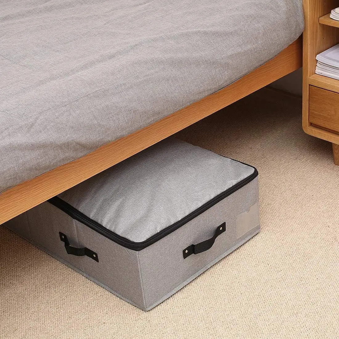 Large Sturdy Underbed Storage Box with Zip Lid Handles on Rigid Sturdy Plastic Board Inside Foldable Blanket Clothing Organizer