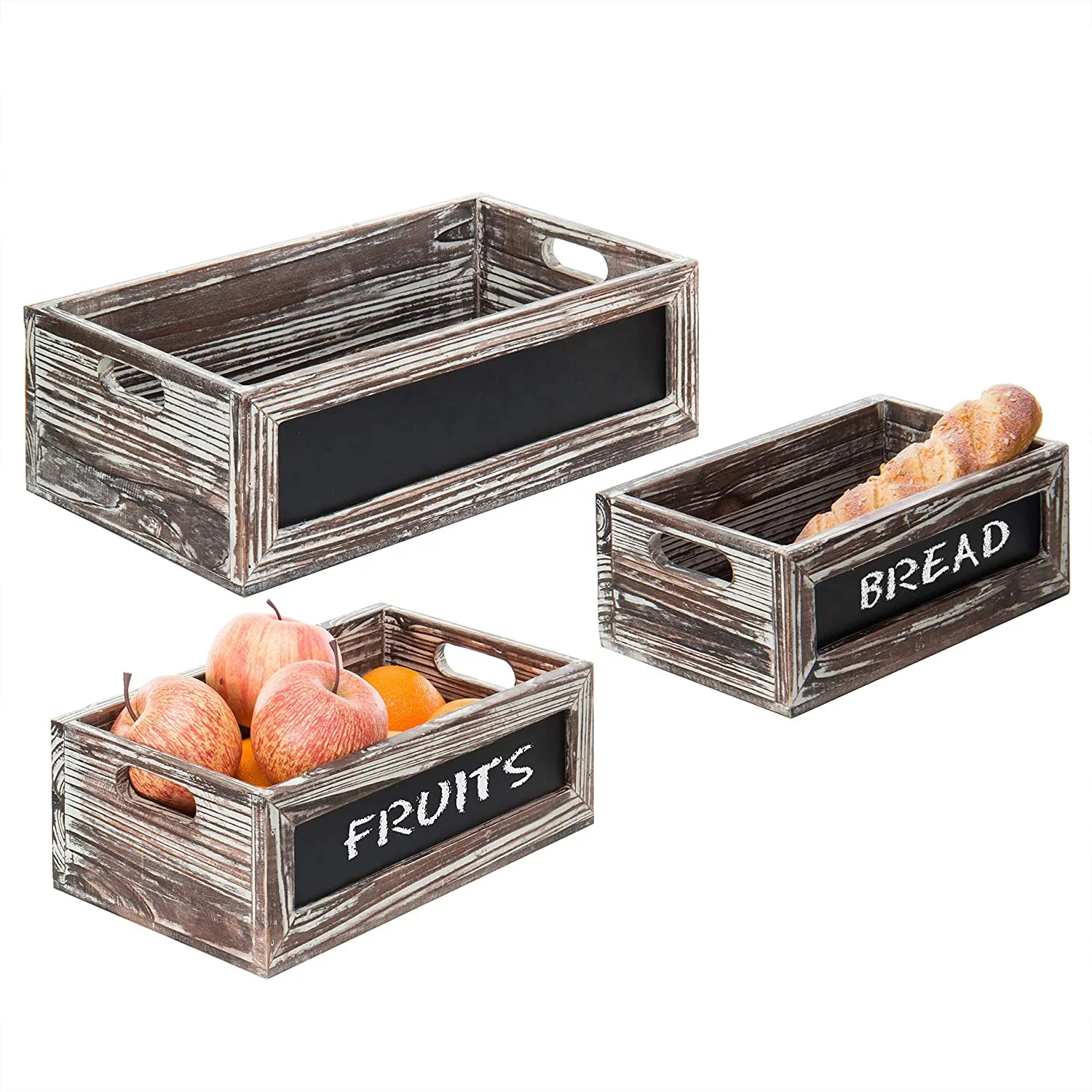 Torched Wood Nesting Storage Crates with Chalkboard Front Panel and Cutout Handles Set of 3