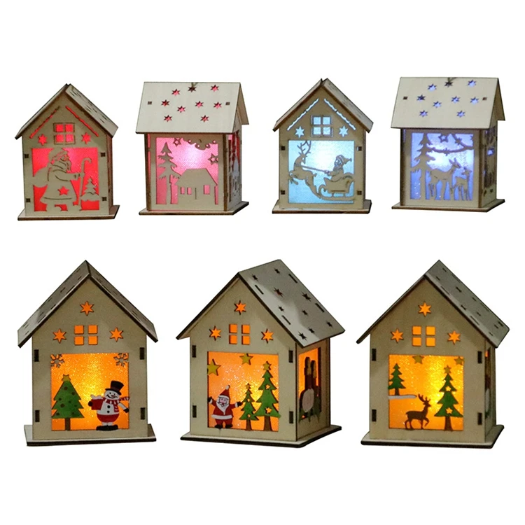 2021 New Xmas Tree Decor Ornaments Christmas Decorations  DIY Led Candle Wooden House For Holiday