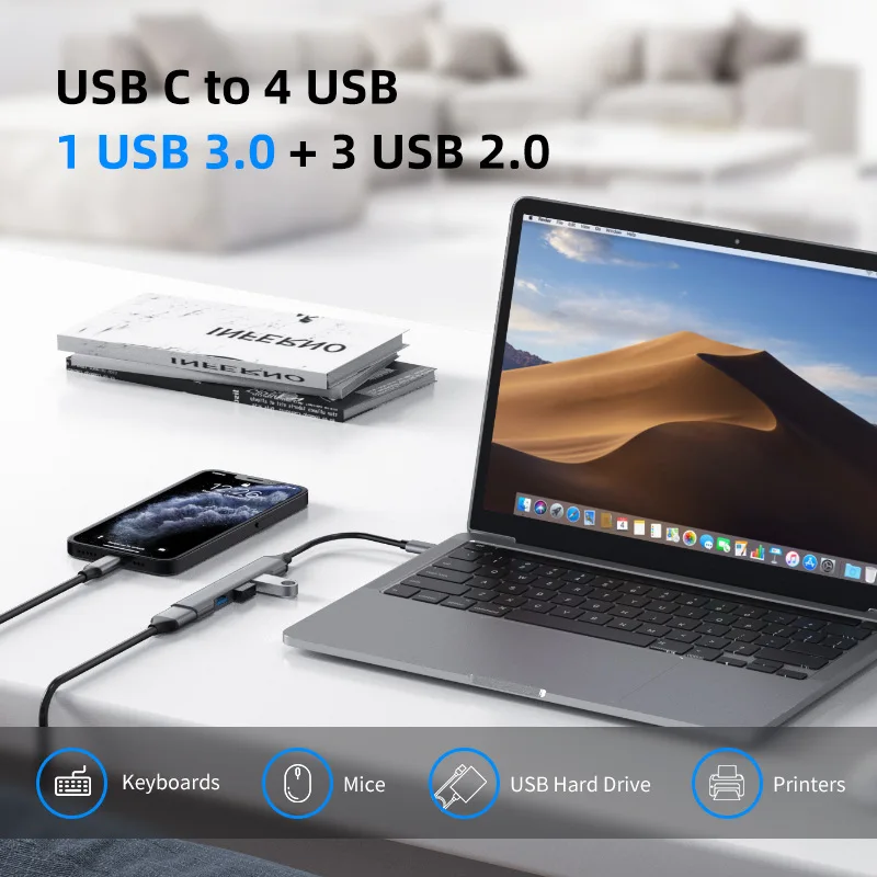 Type-c to USB a Adapter 4-port HUB Cable USB c to 4 USB A 3.0 2.0 Multi-Function Converter   For Laptop PC Pad Tablet Phone