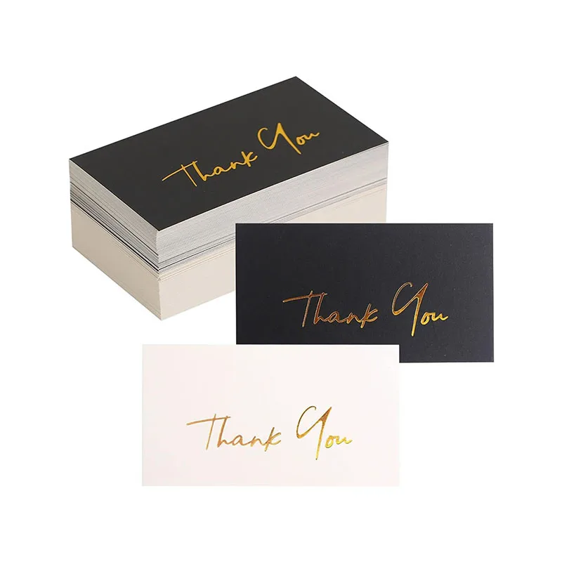 Custom simple Gold Mini Thank You Cards Small Business Flat Card No Fold Thank Cards for Wedding Black and Off White Color
