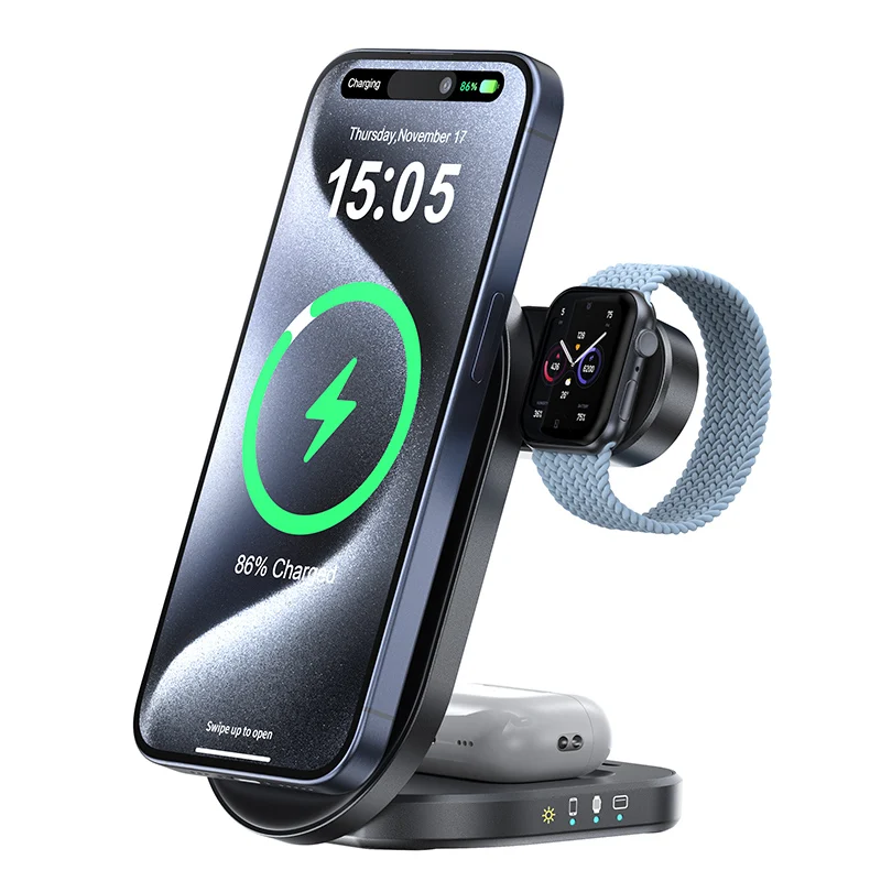 Custom fashion home qi2 wireless charger, mobile phone watch headset 3-in-1 digital wireless charger