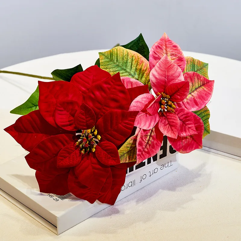 Wholesale artificial poinsettia velvet flower red white flower for Christmas Day living room home office hotel decor