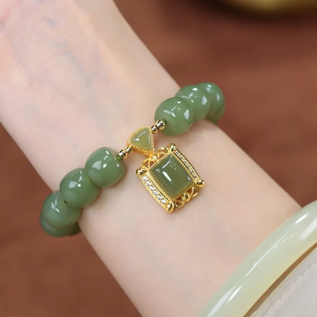 Fashionable Classic and Trendy Geometric Design for Gift Vintage Gold Plated Jade Beaded Bracelet