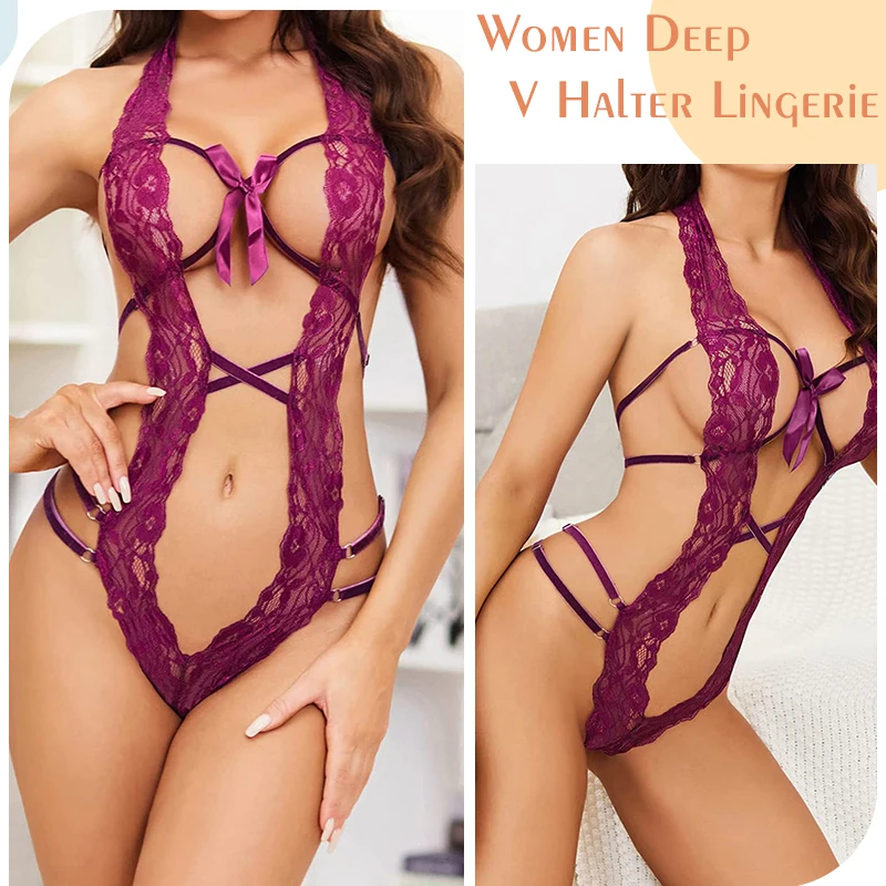 Factory New Design Custom Sexy Women Deep V Halter Lace Lingerie One Piece Bodysuit Middle Hollowed Out Lingerie With Bow