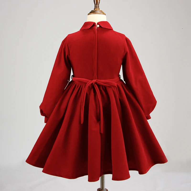 Solid color Long sleeve Birthday Party A-Line Dresses Bow Flower girls velvet dress
