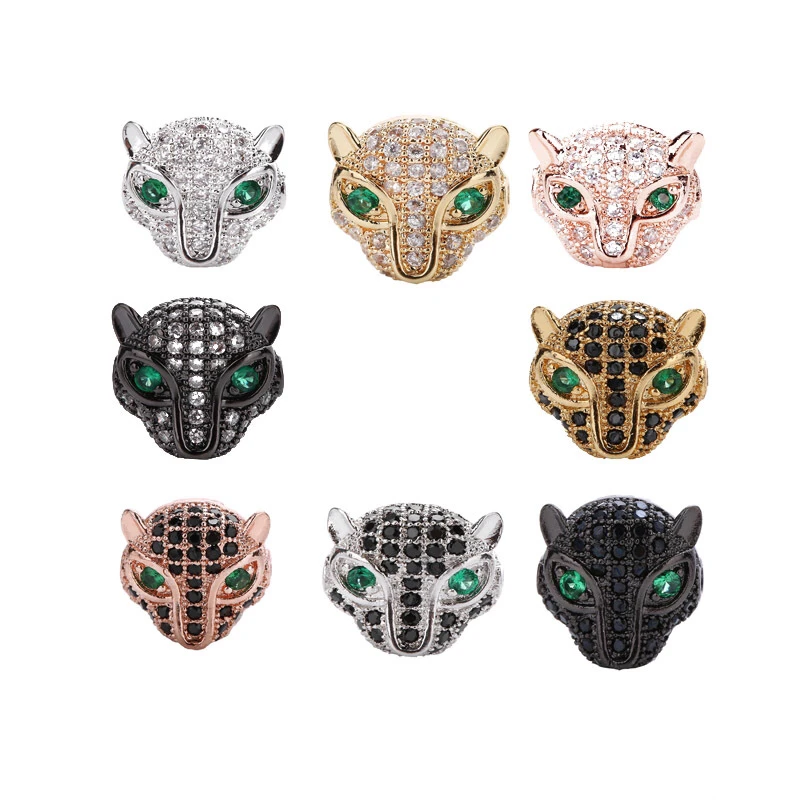 Brass Micro Pave Cubic Zircon Leopard Bead Charm Green CZ Eye Panther Leopard Head Bead Fittings For Bracelet  DIY Jewelry Mak
