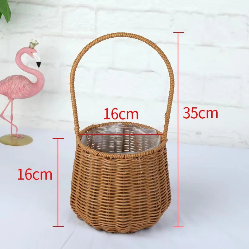 Rattan Flower Basket Handmade Wicker Planter Basket with Plastic Liner & Handle Woven Storage Basket for Home Wedding Decoration