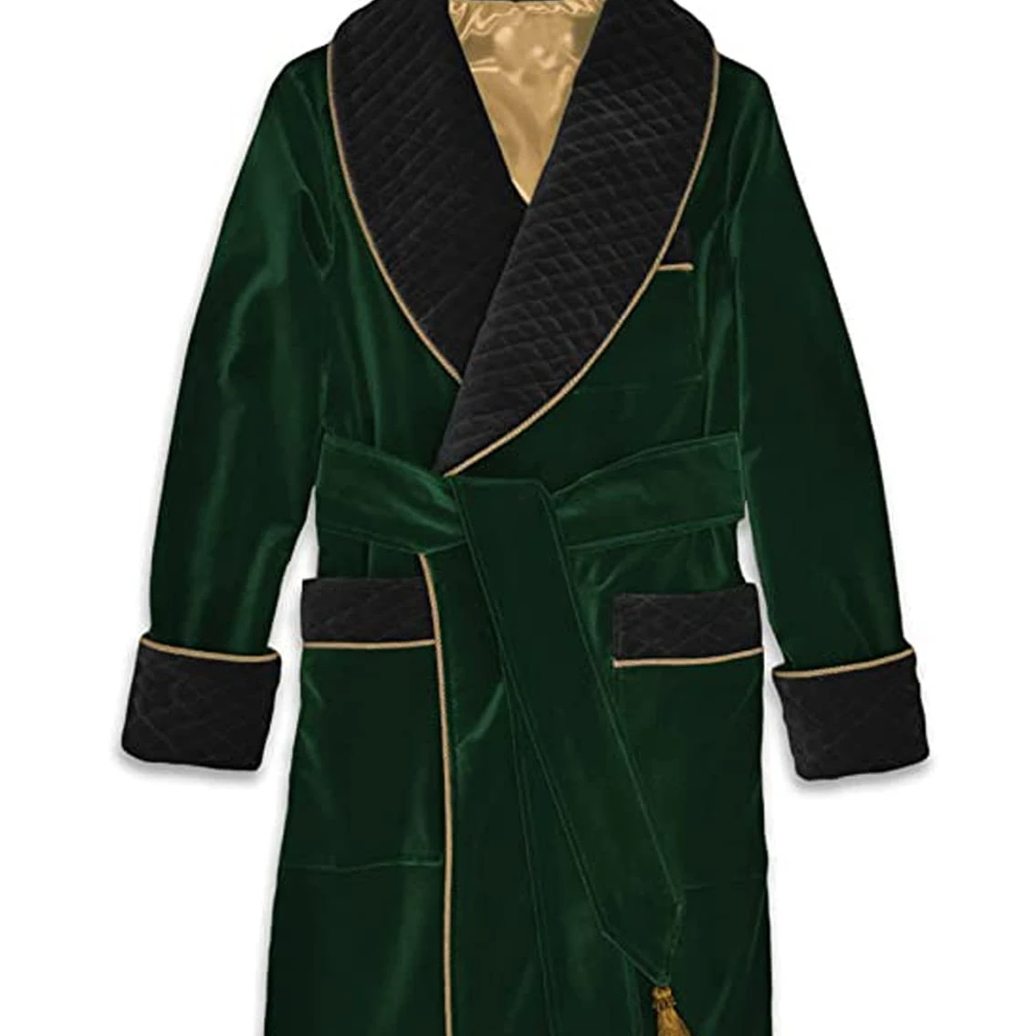 Smoking Jacket Green Long Velvet Gown For Men English Vintage Gentleman Belted Robes
