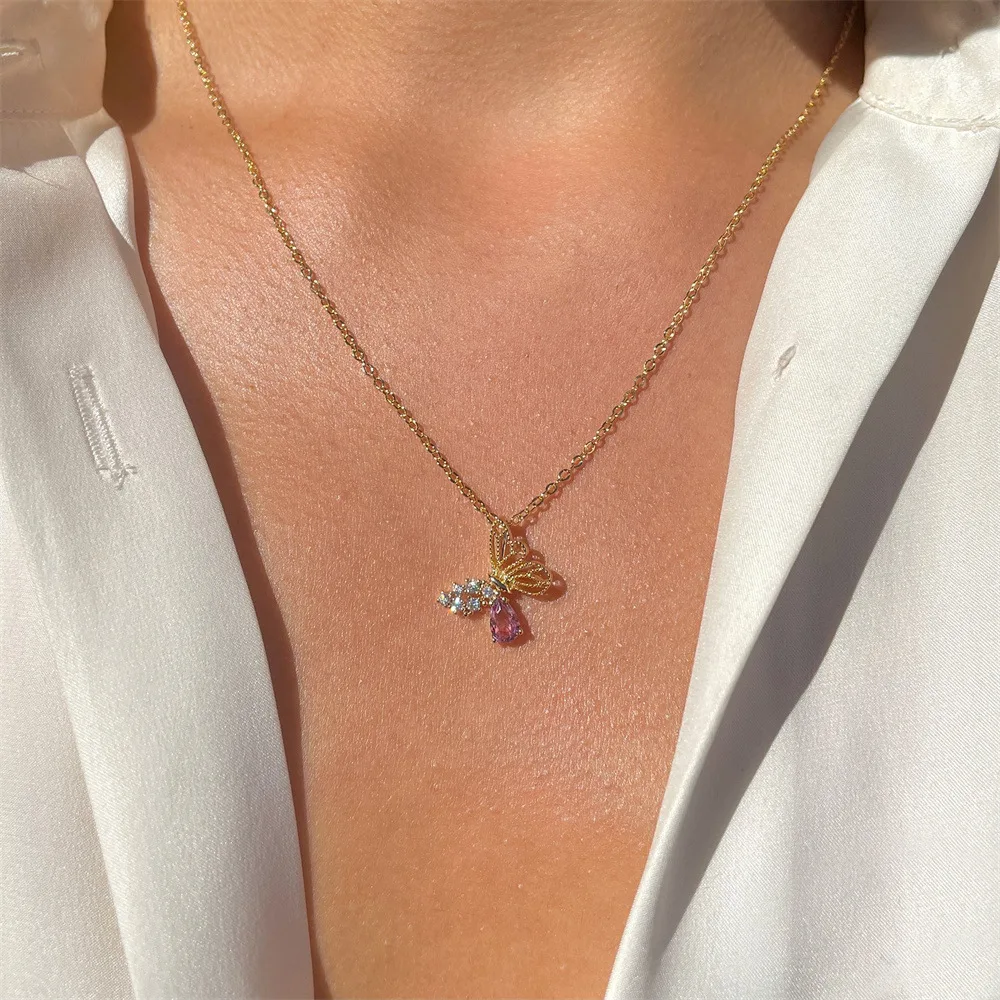 Japan Korean Fairy Temperament Necklace Pink Delicate Clavicle Chain Hot Jewelry Female Copper Gold Butterfly Pendant Necklace