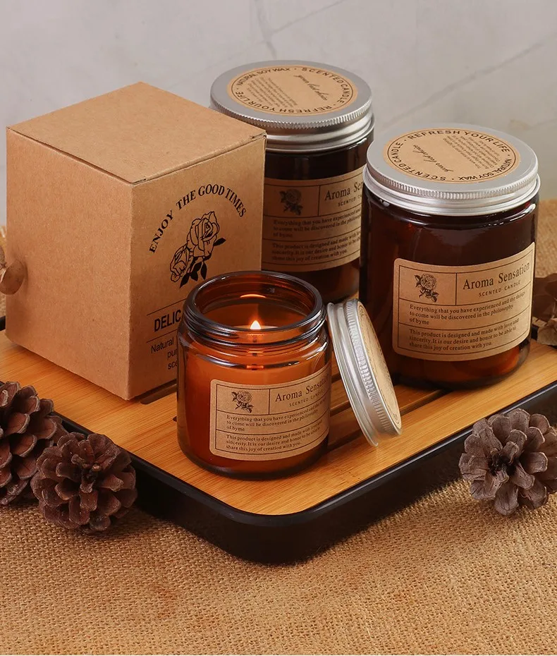 Oem Luxury 4oz 7oz 8oz 10oz 12oz 14oz Aromatherapy Holiday 200G Soy Wax Color frost glass Amber Scented Candle with metal lid