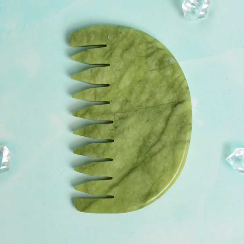 
Amazon Hot Selling Hair Comb Head Natural Guasha FacE Lifting Massage Green Jade Hair Comb Set Gua Sha 