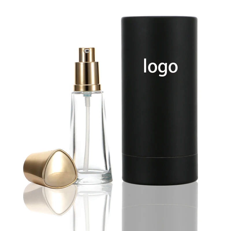 New Stock 30Ml Triangle Make-Up Essence Lotion Pump Bottle Conical Glass Subpackaging Cosmetic Foundation Bottle with Custom Box