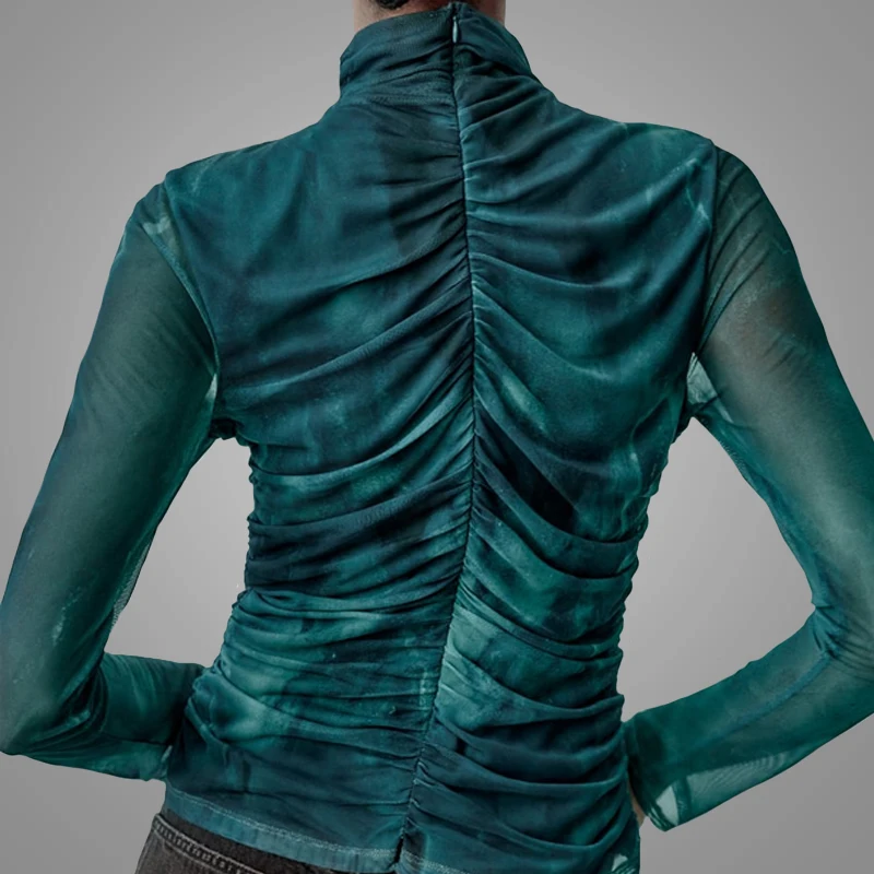New Hotsale Long Sleeve Mesh Tops High Neck Zip Design Church Design Print Blouse Basic Wear Online