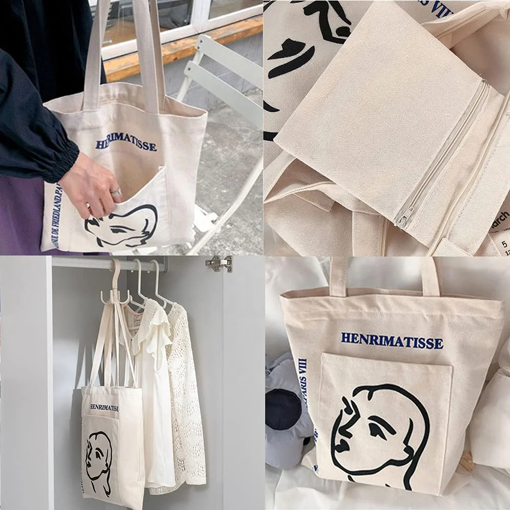 Best Selling Portrait Line Pattern Reusable Shopping Grocery Bag Work Lunch Travel Shoulder 12oz Cotton Canvas Bag With Zipper